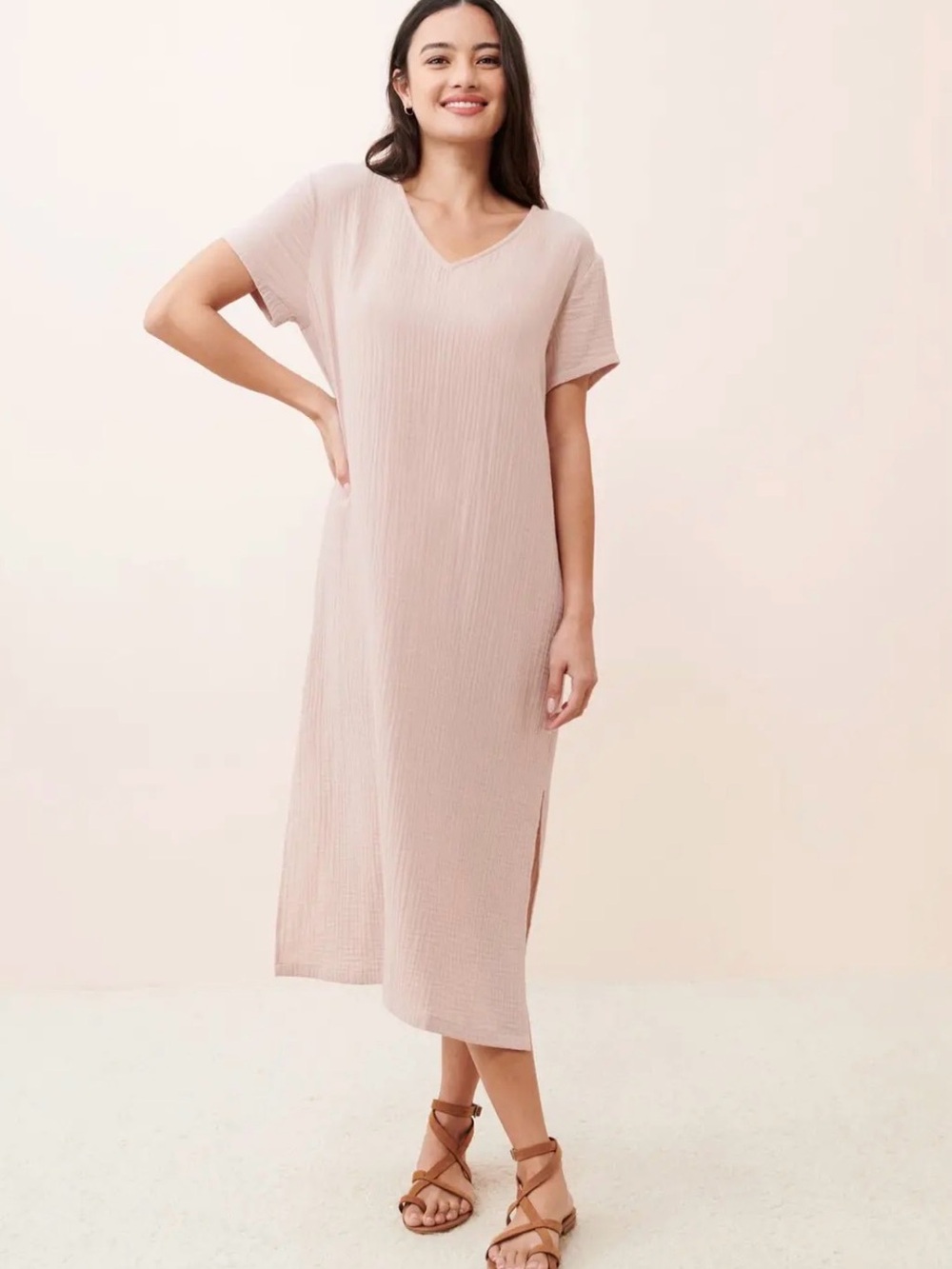 Jenni Kayne Blush Pink Midi V-Neck Short Sleeve Dress